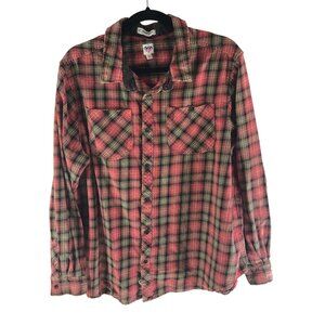 By Junkfood Womens Flannel Shirt Chest Pockets Cotton Plaid Pink Green 1X